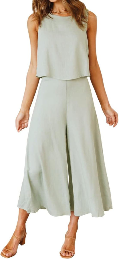 ROYLAMP Women's Summer 2 Piece Outfits Round neck Crop Basic Top Cropped Wide Leg pants Set Jumpsuits