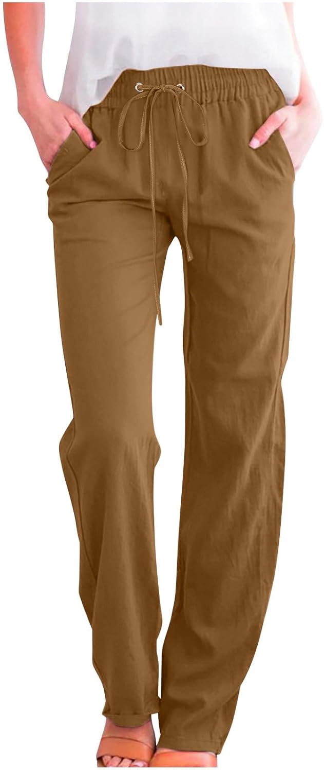 Linen Pants Women Fall Fashion High Waisted Cotton Pants Ladies Casual Plus Size Loose Fit Wide Leg Lounge Trousers