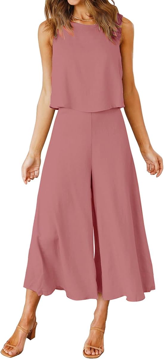ROYLAMP Women's Summer 2 Piece Outfits Round neck Crop Basic Top Cropped Wide Leg pants Set Jumpsuits