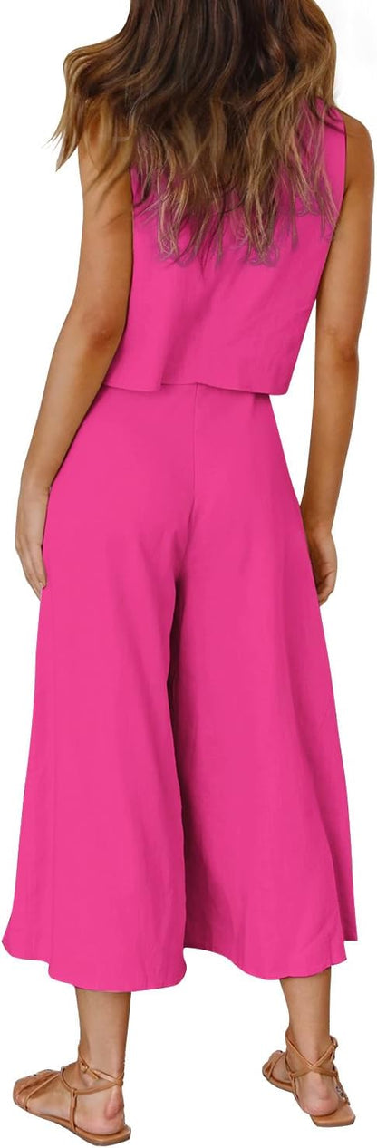 ROYLAMP Women's Summer 2 Piece Outfits Round neck Crop Basic Top Cropped Wide Leg pants Set Jumpsuits