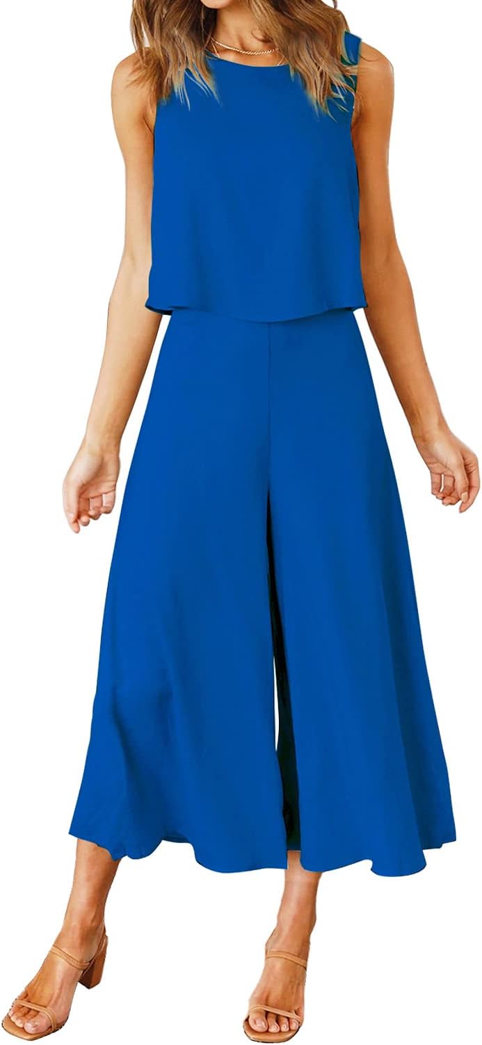 ROYLAMP Women's Summer 2 Piece Outfits Round neck Crop Basic Top Cropped Wide Leg pants Set Jumpsuits