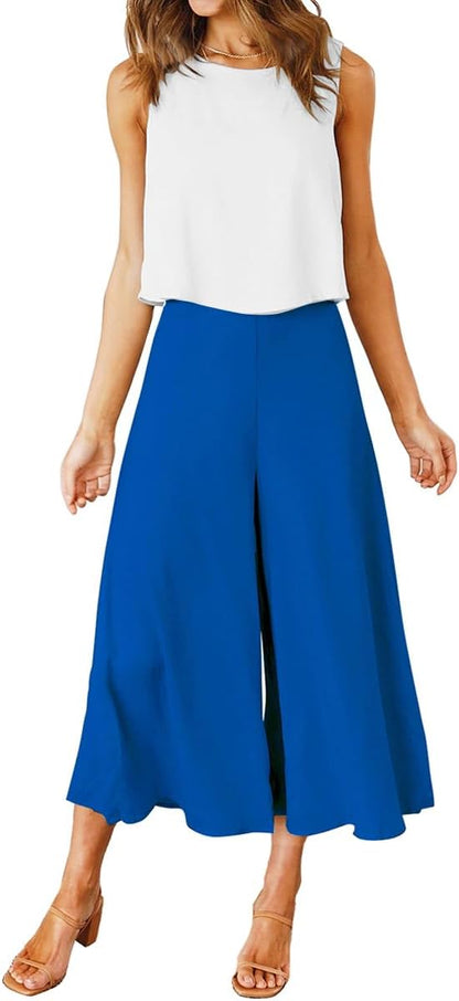 ROYLAMP Women's Summer 2 Piece Outfits Round neck Crop Basic Top Cropped Wide Leg pants Set Jumpsuits