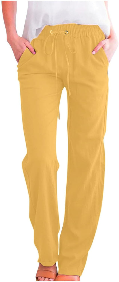 Linen Pants Women Fall Fashion High Waisted Cotton Pants Ladies Casual Plus Size Loose Fit Wide Leg Lounge Trousers
