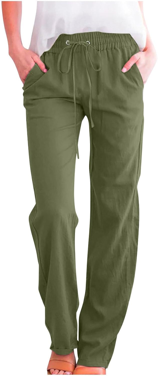 Linen Pants Women Fall Fashion High Waisted Cotton Pants Ladies Casual Plus Size Loose Fit Wide Leg Lounge Trousers