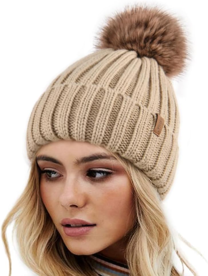 Beanie Hat with Faux Fur Pom
