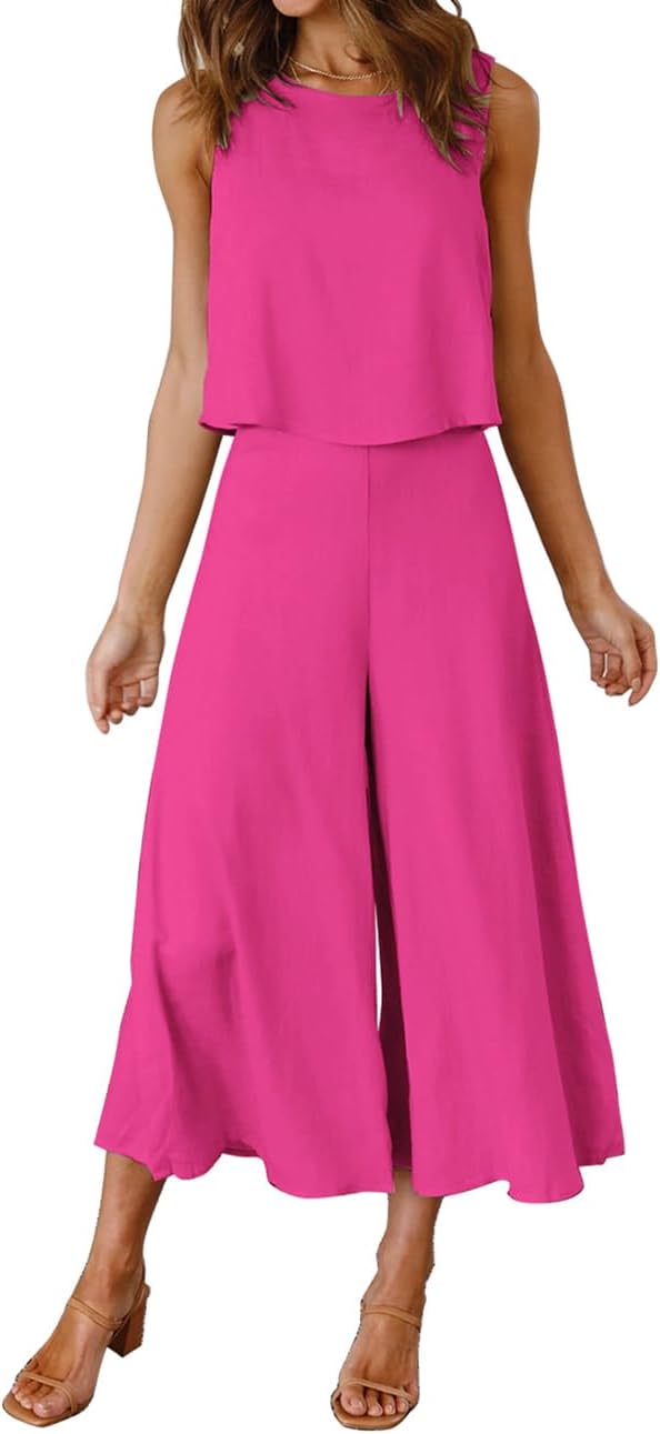 ROYLAMP Women's Summer 2 Piece Outfits Round neck Crop Basic Top Cropped Wide Leg pants Set Jumpsuits