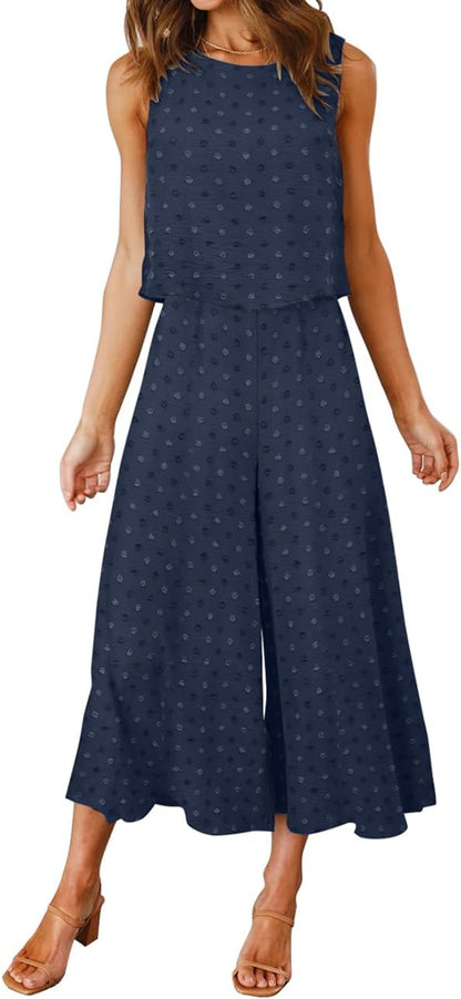 ROYLAMP Women's Summer 2 Piece Outfits Round neck Crop Basic Top Cropped Wide Leg pants Set Jumpsuits