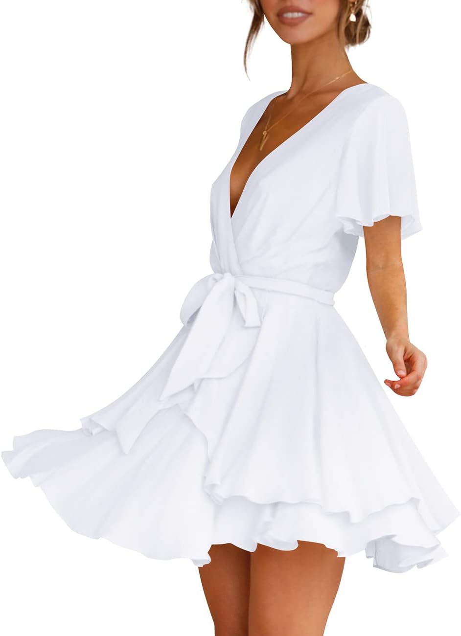 Cosonsen Women's Dress Deep V-Neck Long Sleeve Waist Tie Ruffle Mini Swing Skater Dresses