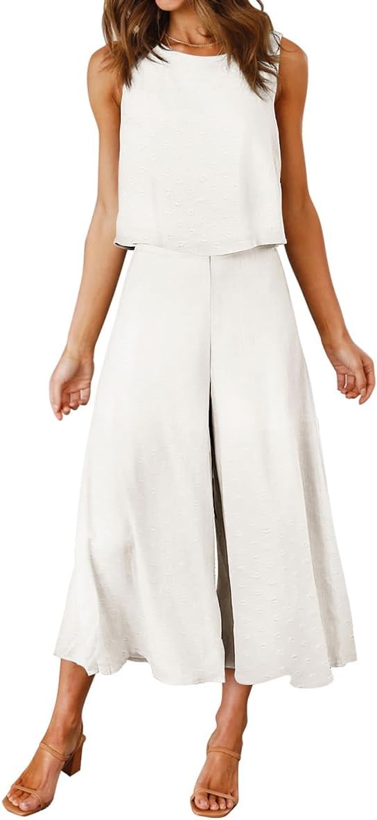 ROYLAMP Women's Summer 2 Piece Outfits Round neck Crop Basic Top Cropped Wide Leg pants Set Jumpsuits