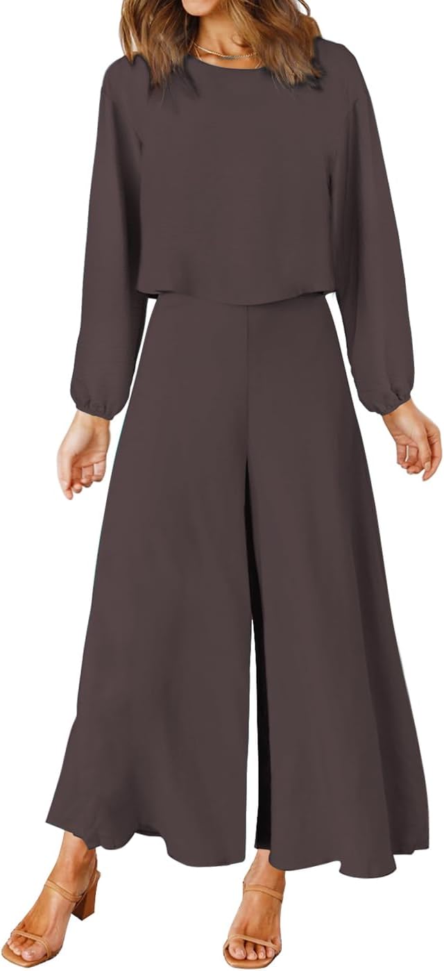 ROYLAMP Women's Summer 2 Piece Outfits Round neck Crop Basic Top Cropped Wide Leg pants Set Jumpsuits