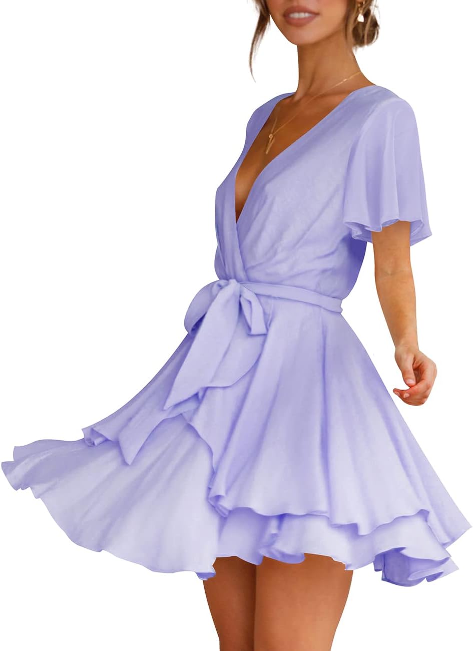 Cosonsen Women's Dress Deep V-Neck Long Sleeve Waist Tie Ruffle Mini Swing Skater Dresses