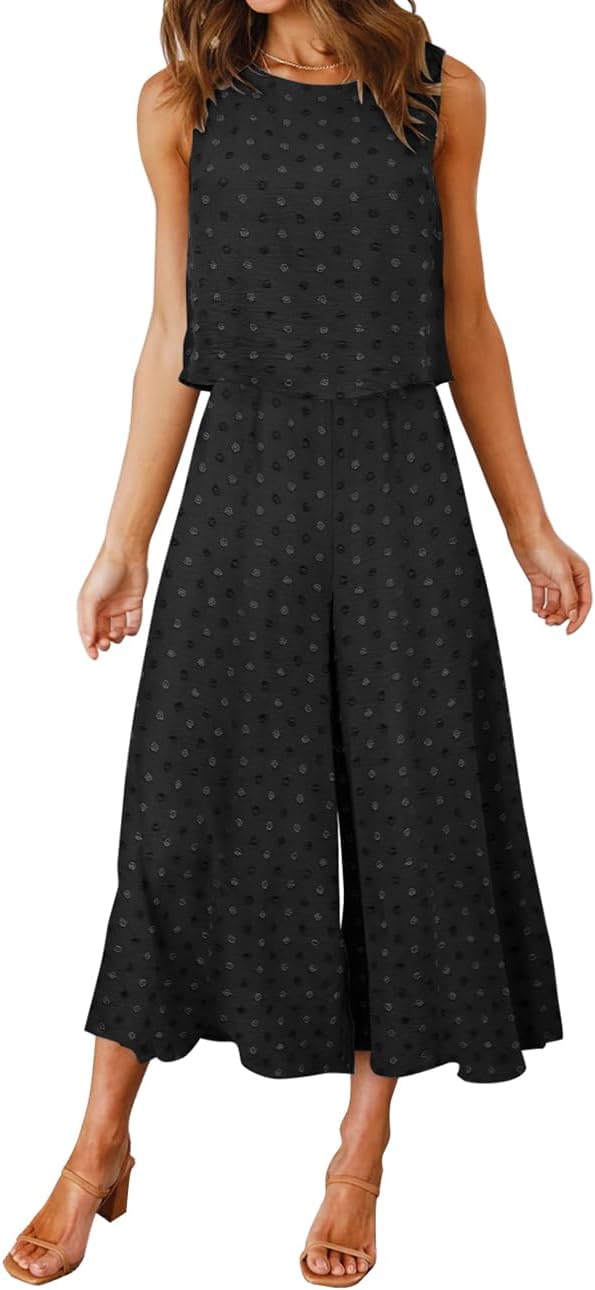 ROYLAMP Women's Summer 2 Piece Outfits Round neck Crop Basic Top Cropped Wide Leg pants Set Jumpsuits