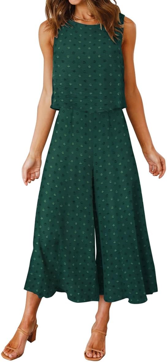 ROYLAMP Women's Summer 2 Piece Outfits Round neck Crop Basic Top Cropped Wide Leg pants Set Jumpsuits