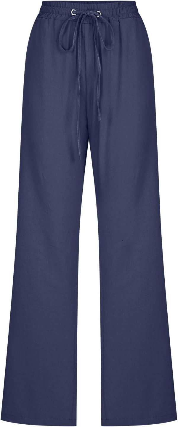 Linen Pants Women Fall Fashion High Waisted Cotton Pants Ladies Casual Plus Size Loose Fit Wide Leg Lounge Trousers