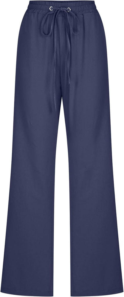 Linen Pants Women Fall Fashion High Waisted Cotton Pants Ladies Casual Plus Size Loose Fit Wide Leg Lounge Trousers