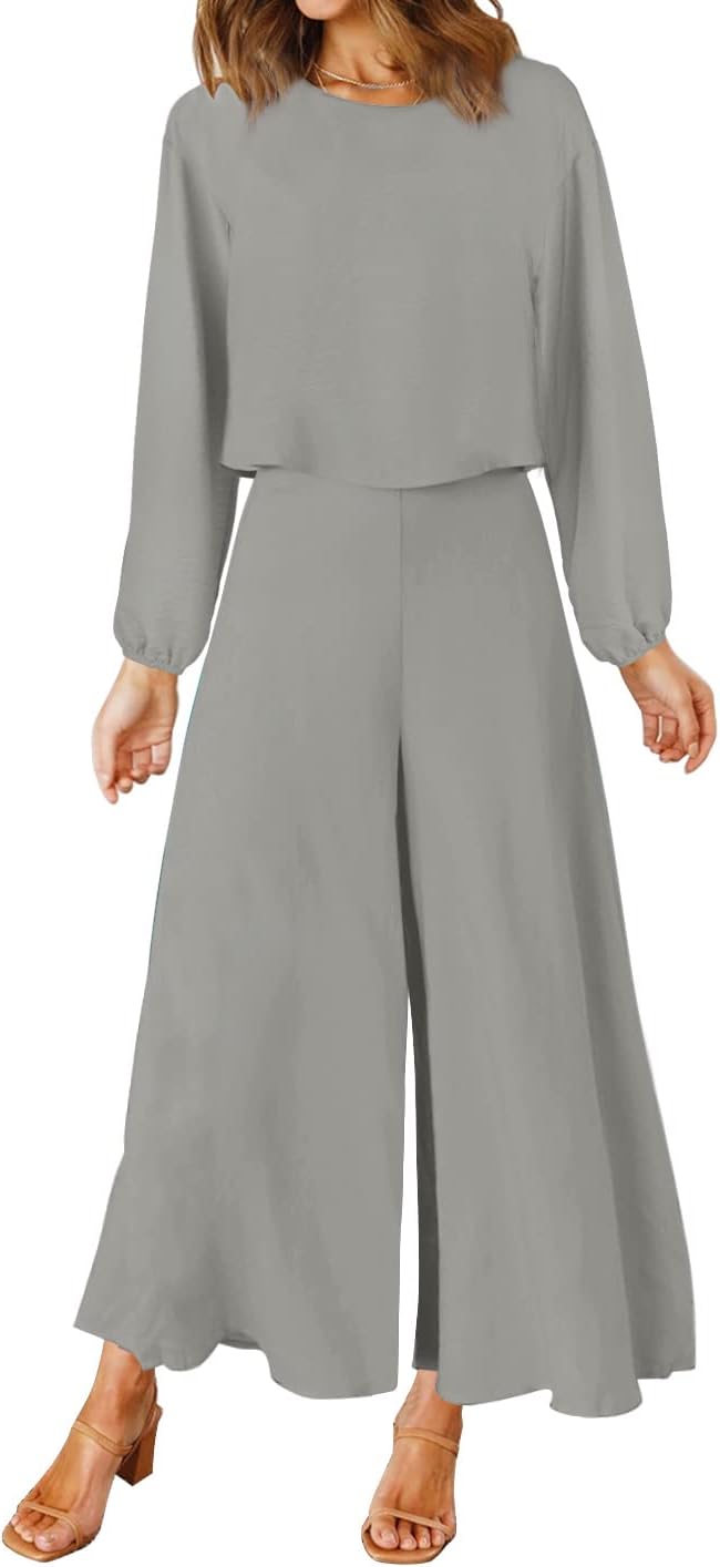 ROYLAMP Women's Summer 2 Piece Outfits Round neck Crop Basic Top Cropped Wide Leg pants Set Jumpsuits