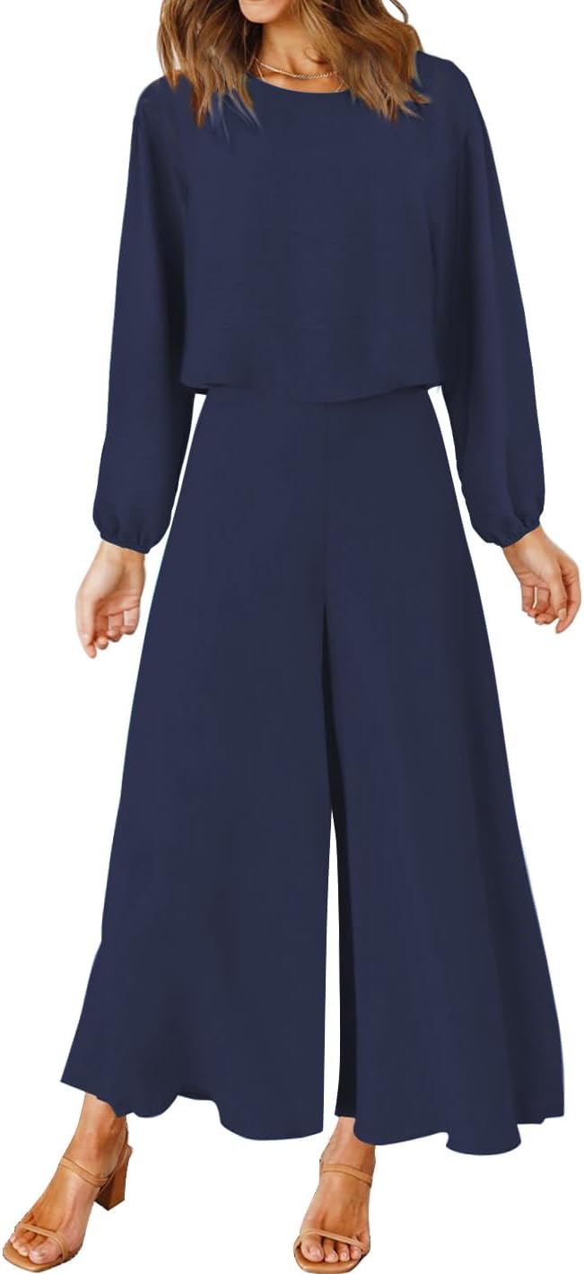 ROYLAMP Women's Summer 2 Piece Outfits Round neck Crop Basic Top Cropped Wide Leg pants Set Jumpsuits