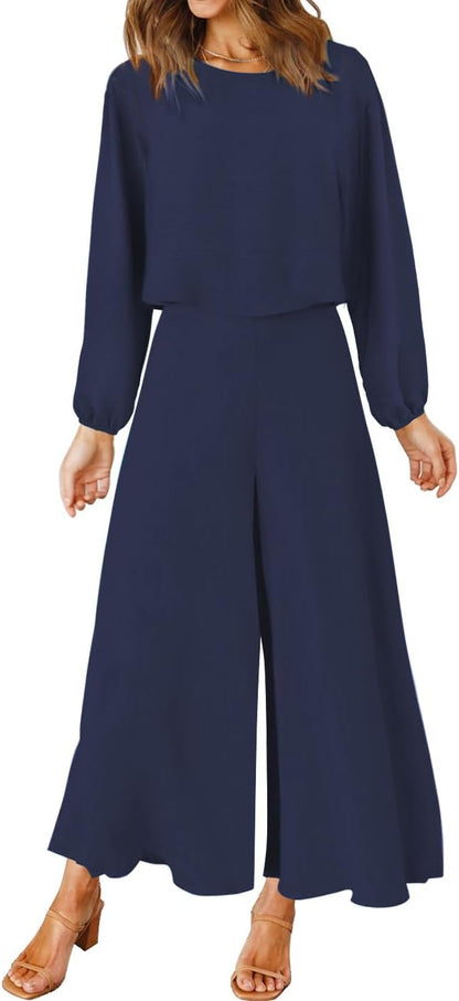 ROYLAMP Women's Summer 2 Piece Outfits Round neck Crop Basic Top Cropped Wide Leg pants Set Jumpsuits