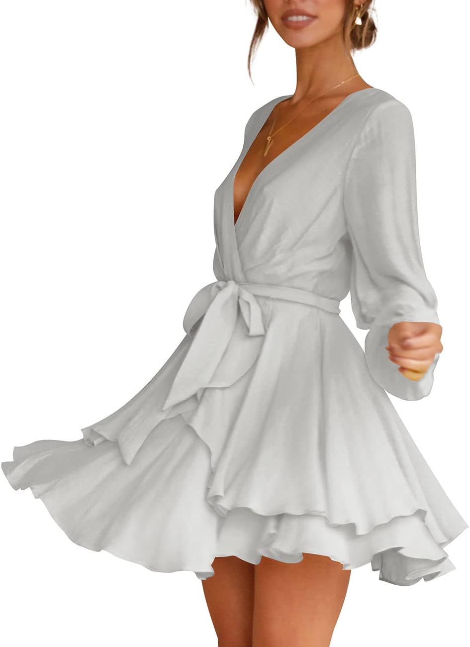 Cosonsen Women's Dress Deep V-Neck Long Sleeve Waist Tie Ruffle Mini Swing Skater Dresses