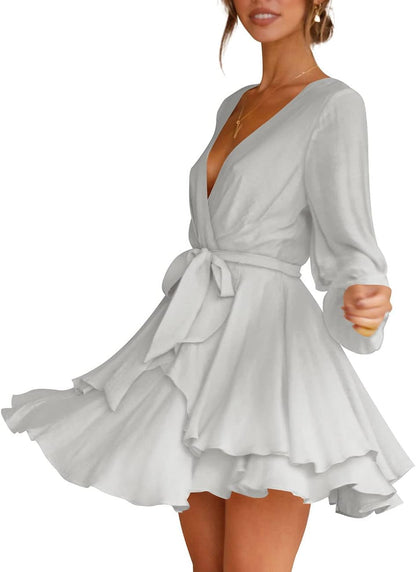 Cosonsen Women's Dress Deep V-Neck Long Sleeve Waist Tie Ruffle Mini Swing Skater Dresses