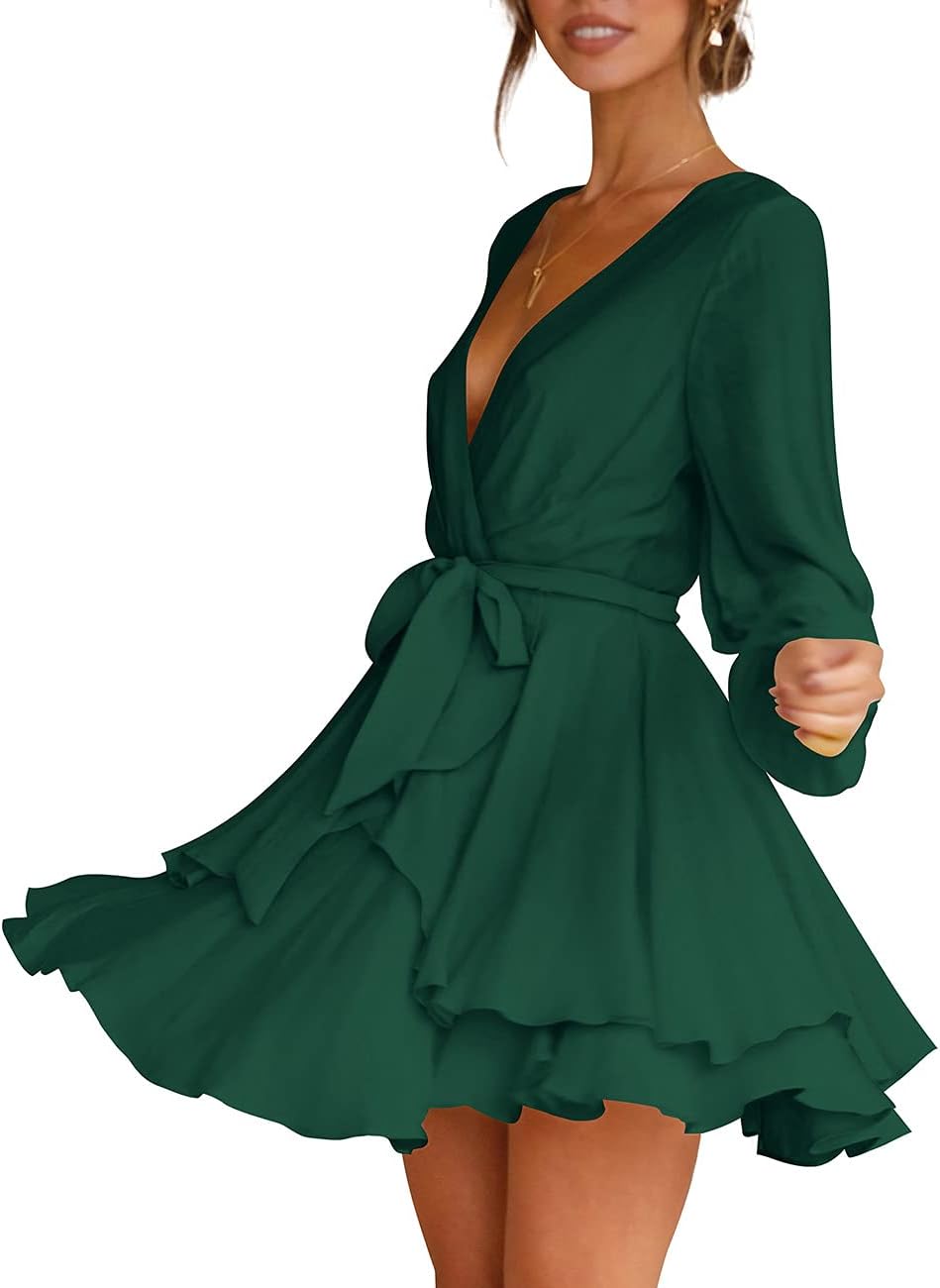Cosonsen Women's Dress Deep V-Neck Long Sleeve Waist Tie Ruffle Mini Swing Skater Dresses