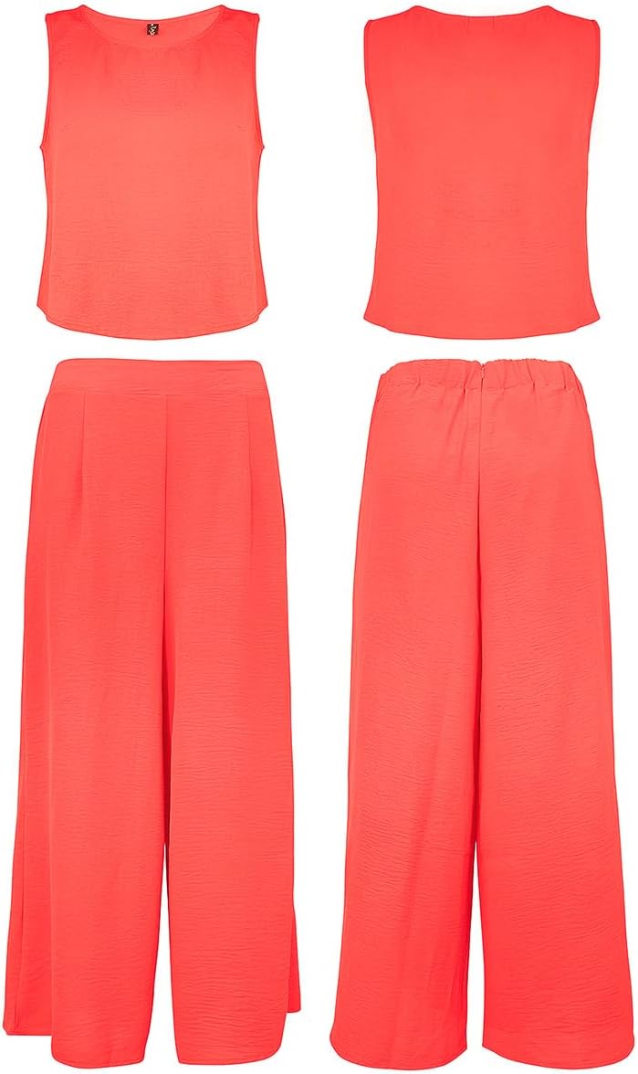 ROYLAMP Women's Summer 2 Piece Outfits Round neck Crop Basic Top Cropped Wide Leg pants Set Jumpsuits