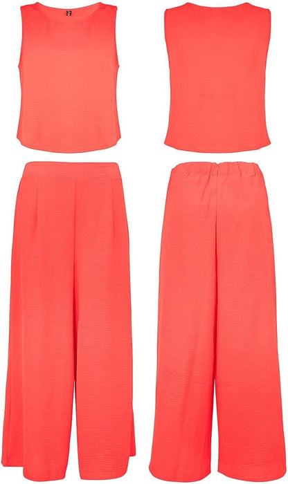 ROYLAMP Women's Summer 2 Piece Outfits Round neck Crop Basic Top Cropped Wide Leg pants Set Jumpsuits