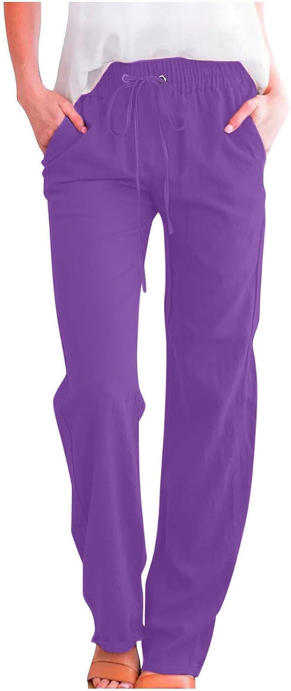 Linen Pants Women Fall Fashion High Waisted Cotton Pants Ladies Casual Plus Size Loose Fit Wide Leg Lounge Trousers