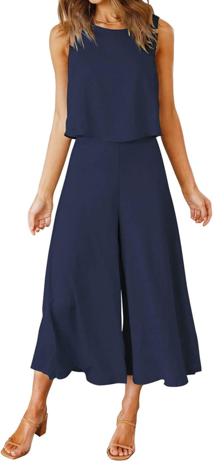 ROYLAMP Women's Summer 2 Piece Outfits Round neck Crop Basic Top Cropped Wide Leg pants Set Jumpsuits