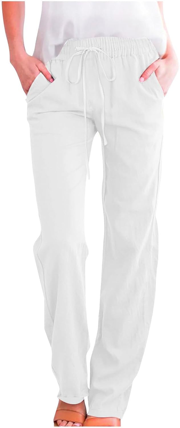 Linen Pants Women Fall Fashion High Waisted Cotton Pants Ladies Casual Plus Size Loose Fit Wide Leg Lounge Trousers