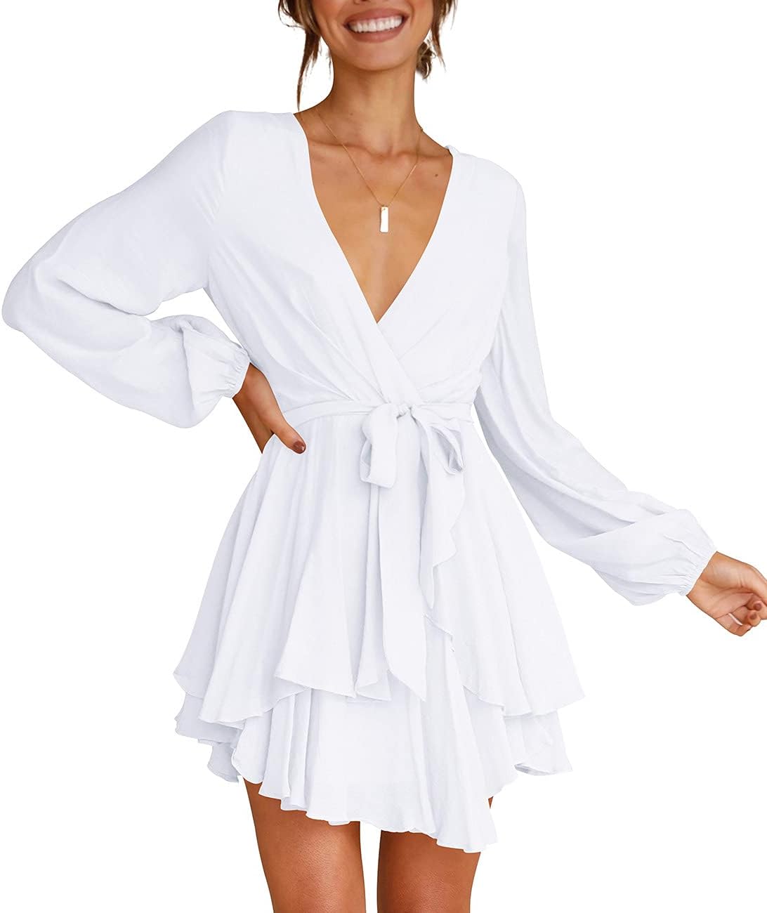 Cosonsen Women's Dress Deep V-Neck Long Sleeve Waist Tie Ruffle Mini Swing Skater Dresses