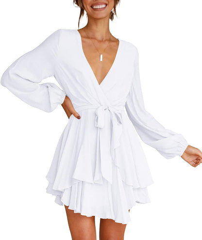 Cosonsen Women's Dress Deep V-Neck Long Sleeve Waist Tie Ruffle Mini Swing Skater Dresses