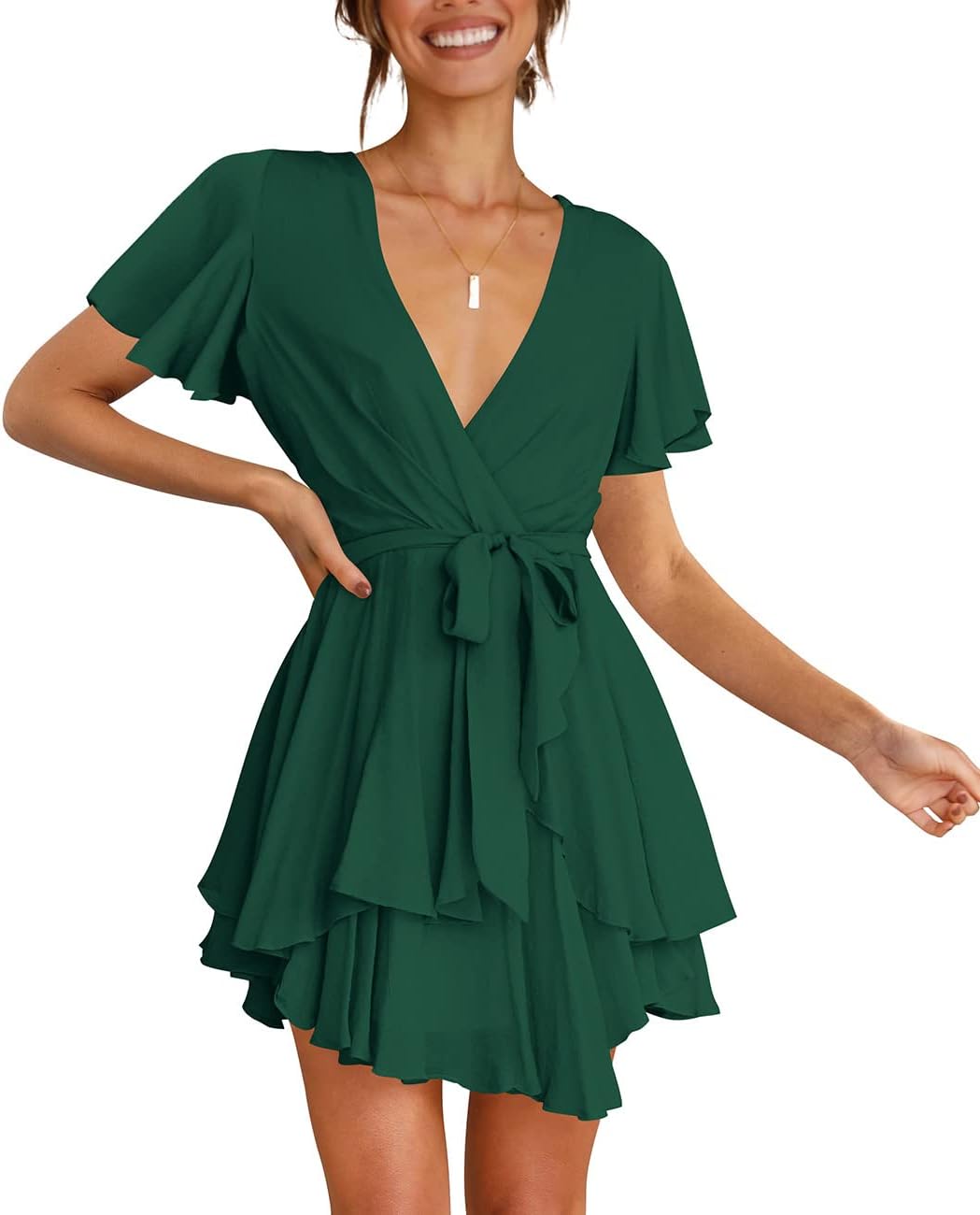 Cosonsen Women's Dress Deep V-Neck Long Sleeve Waist Tie Ruffle Mini Swing Skater Dresses