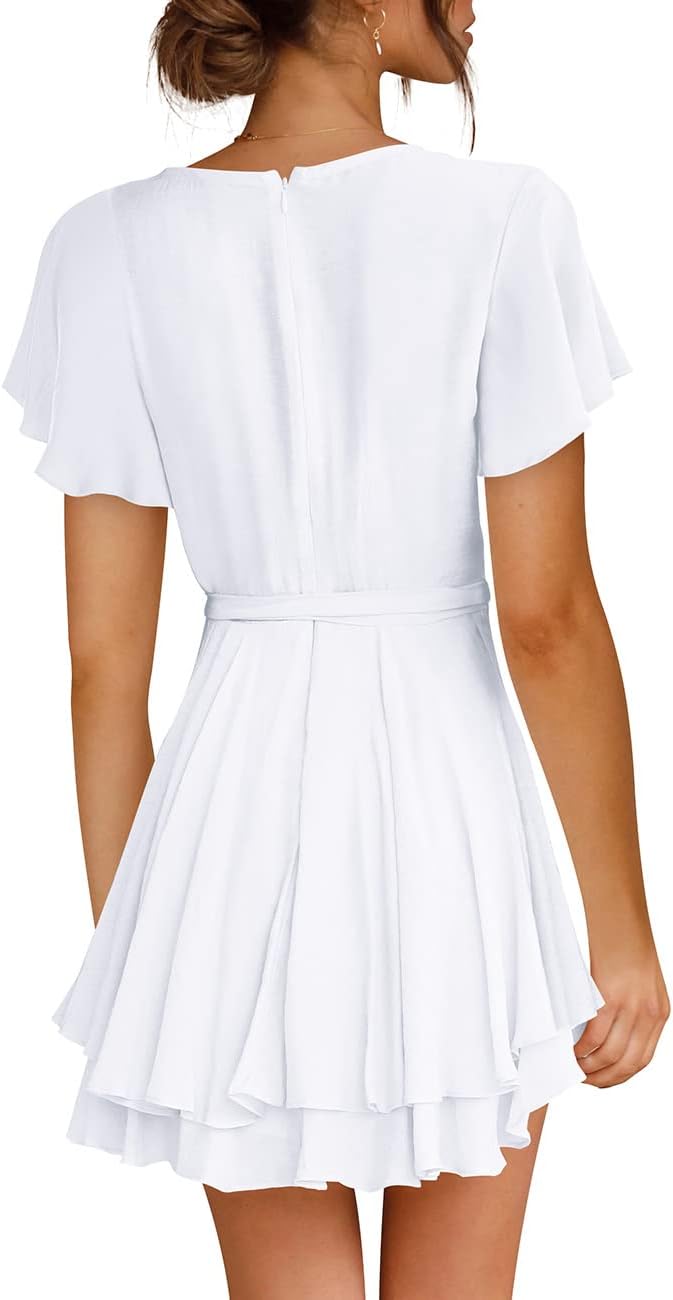 Cosonsen Women's Dress Deep V-Neck Long Sleeve Waist Tie Ruffle Mini Swing Skater Dresses