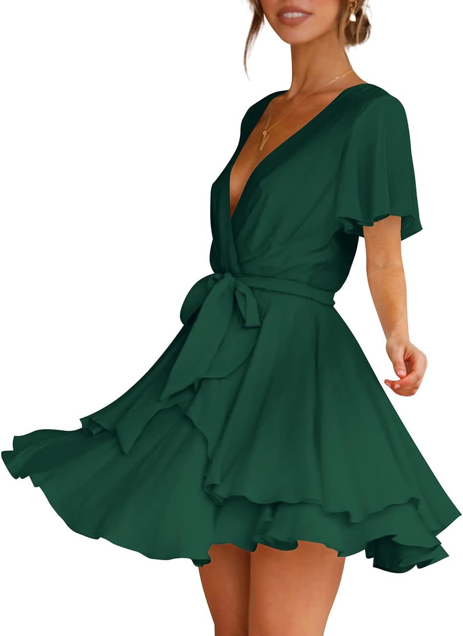 Cosonsen Women's Dress Deep V-Neck Long Sleeve Waist Tie Ruffle Mini Swing Skater Dresses