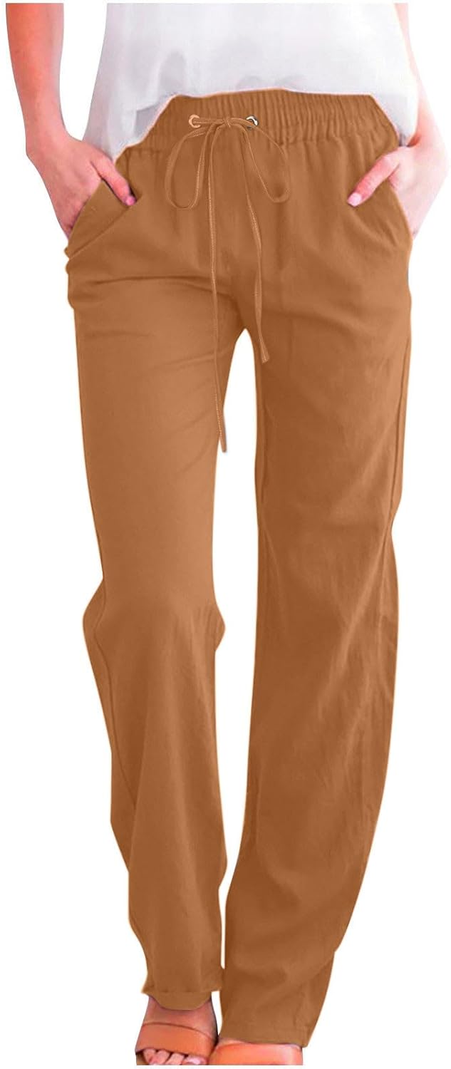 Linen Pants Women Fall Fashion High Waisted Cotton Pants Ladies Casual Plus Size Loose Fit Wide Leg Lounge Trousers
