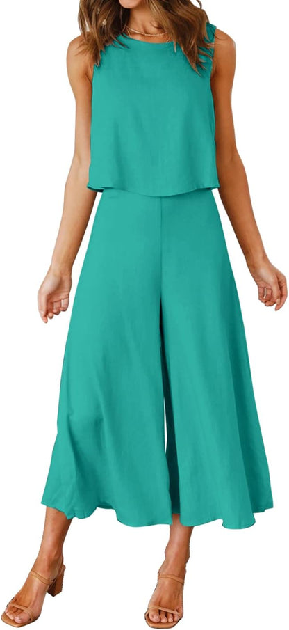 ROYLAMP Women's Summer 2 Piece Outfits Round neck Crop Basic Top Cropped Wide Leg pants Set Jumpsuits