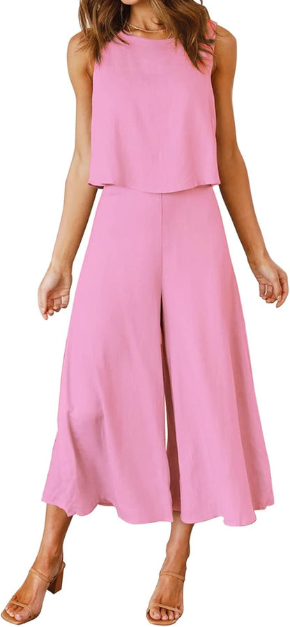 ROYLAMP Women's Summer 2 Piece Outfits Round neck Crop Basic Top Cropped Wide Leg pants Set Jumpsuits