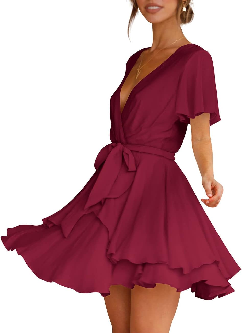 Cosonsen Women's Dress Deep V-Neck Long Sleeve Waist Tie Ruffle Mini Swing Skater Dresses