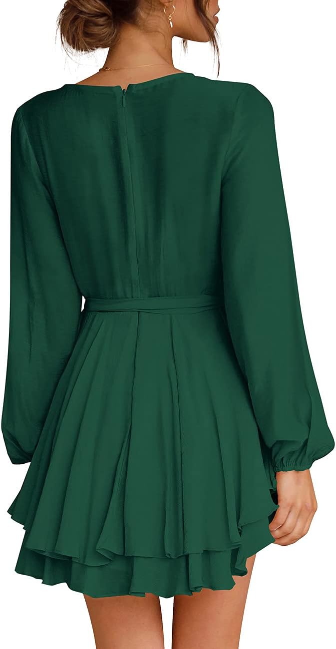 Cosonsen Women's Dress Deep V-Neck Long Sleeve Waist Tie Ruffle Mini Swing Skater Dresses