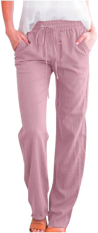 Linen Pants Women Fall Fashion High Waisted Cotton Pants Ladies Casual Plus Size Loose Fit Wide Leg Lounge Trousers