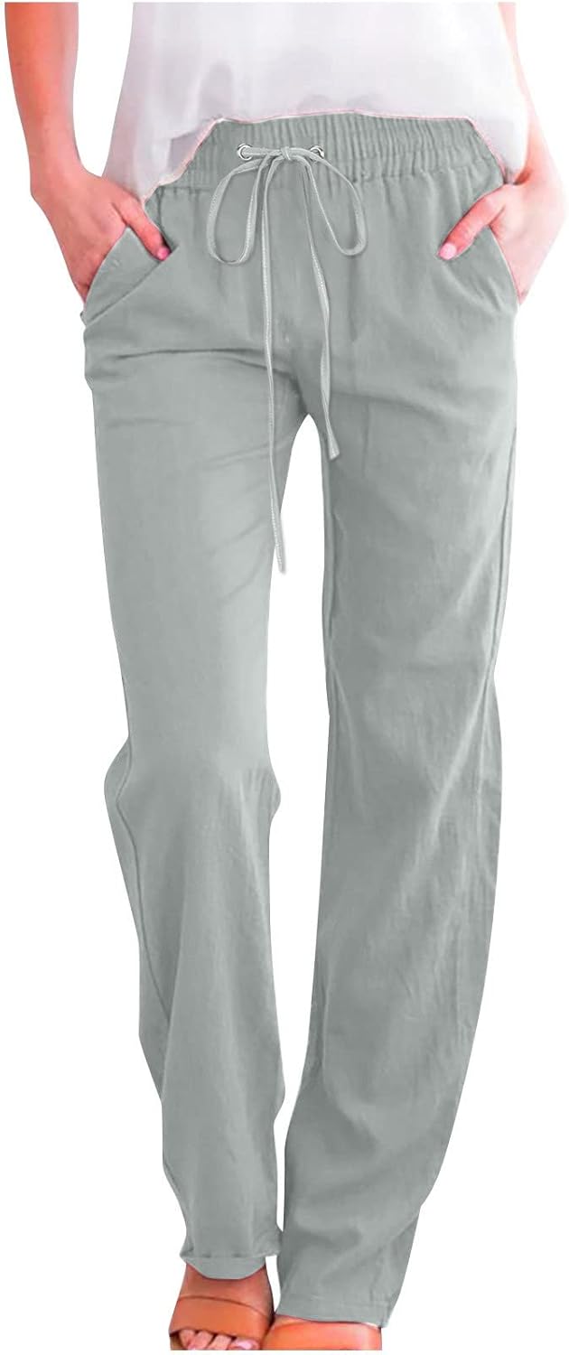 Linen Pants Women Fall Fashion High Waisted Cotton Pants Ladies Casual Plus Size Loose Fit Wide Leg Lounge Trousers