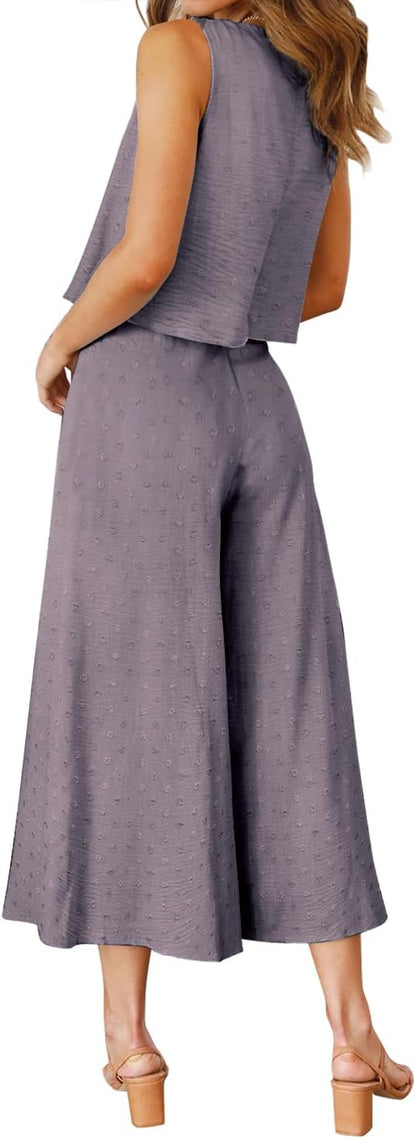 ROYLAMP Women's Summer 2 Piece Outfits Round neck Crop Basic Top Cropped Wide Leg pants Set Jumpsuits