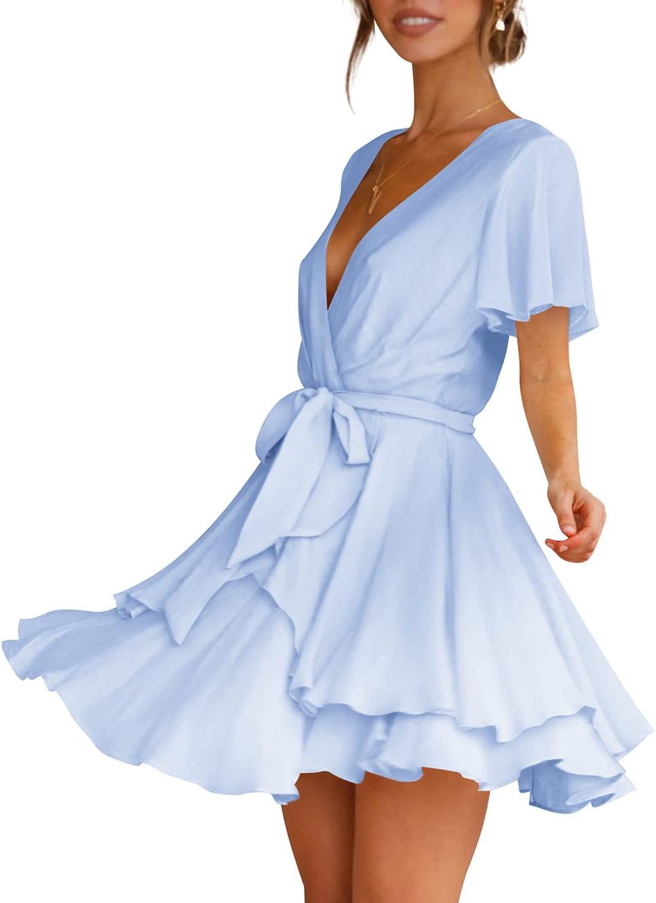 Cosonsen Women's Dress Deep V-Neck Long Sleeve Waist Tie Ruffle Mini Swing Skater Dresses