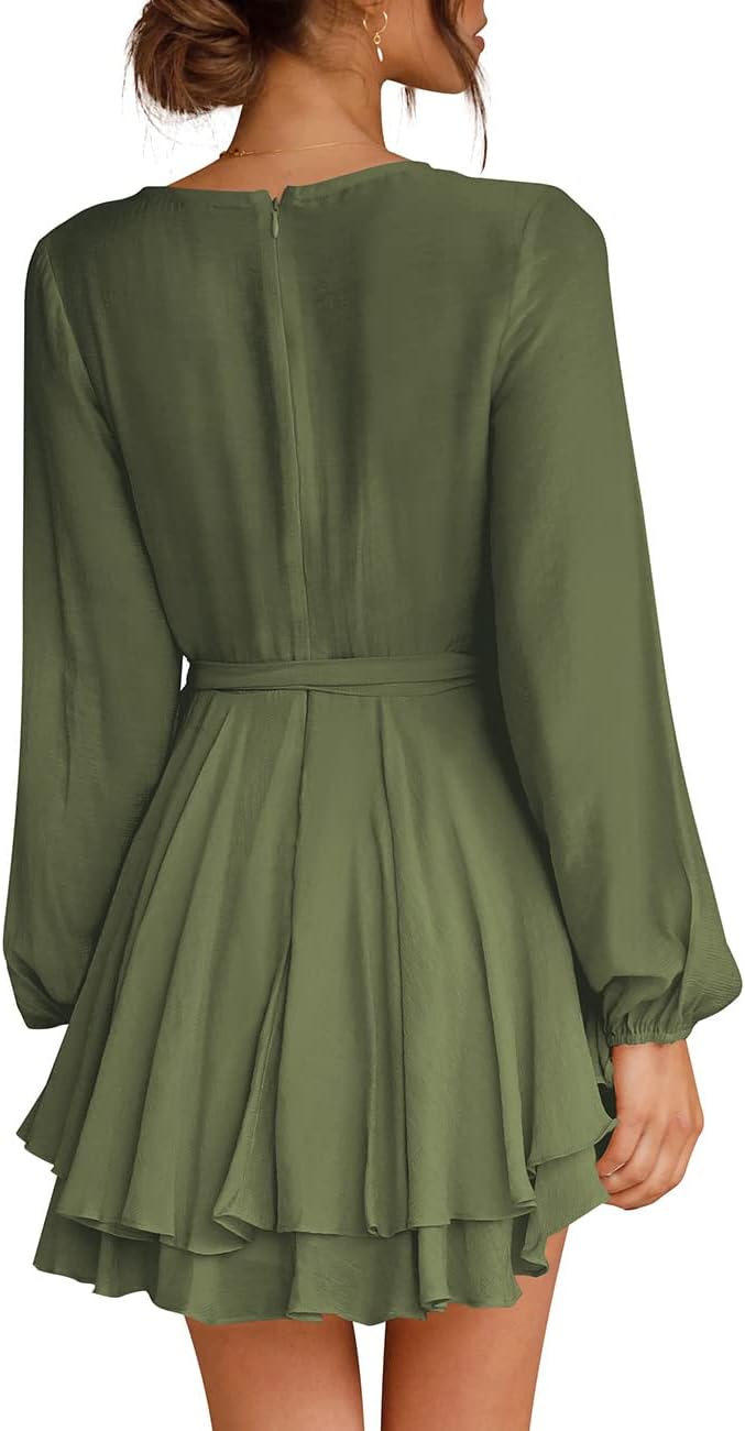 Cosonsen Women's Dress Deep V-Neck Long Sleeve Waist Tie Ruffle Mini Swing Skater Dresses
