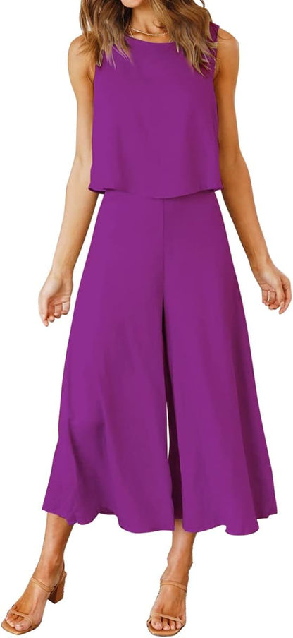 ROYLAMP Women's Summer 2 Piece Outfits Round neck Crop Basic Top Cropped Wide Leg pants Set Jumpsuits