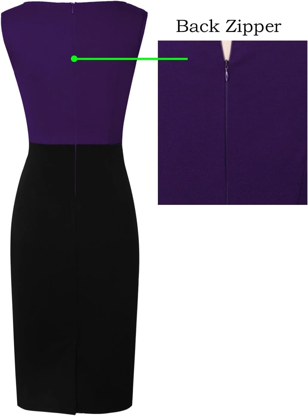 VFSHOW Womens Colorblock Patchwork Slim Front Zipper Work Business Office Party Bodycon Pencil Sheath Dress