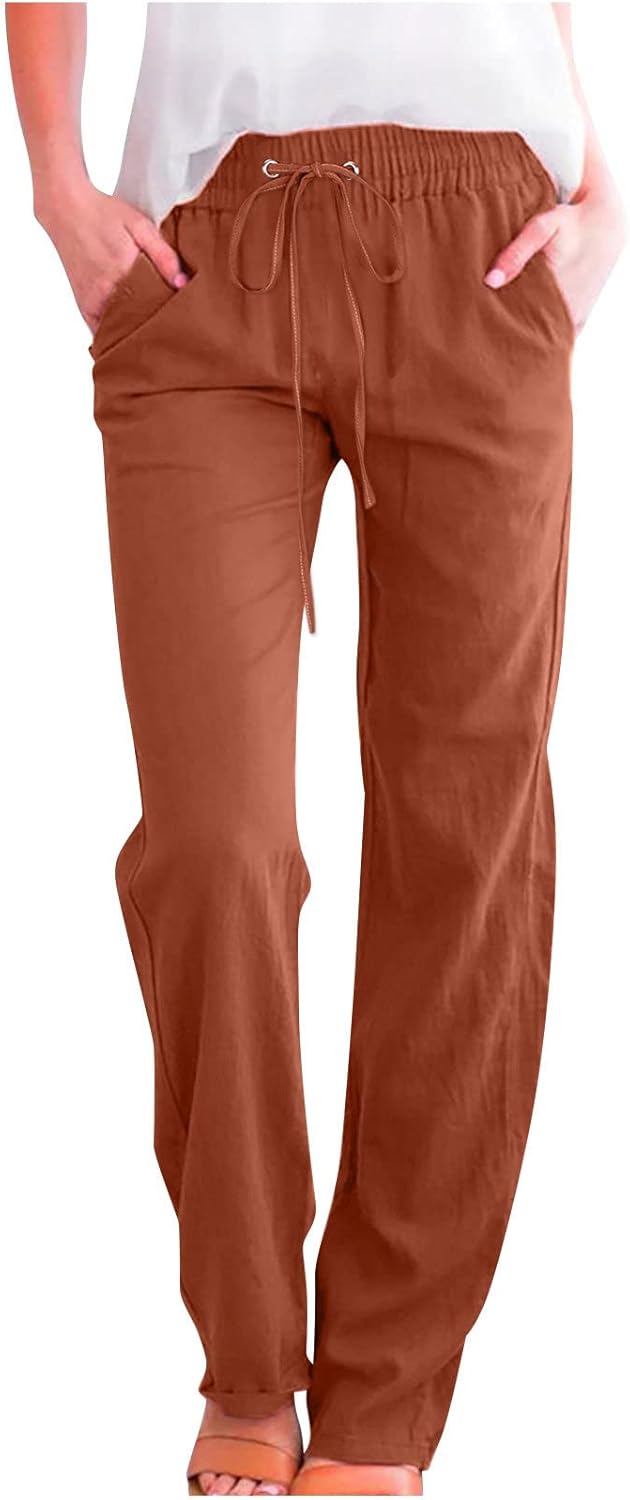 Linen Pants Women Fall Fashion High Waisted Cotton Pants Ladies Casual Plus Size Loose Fit Wide Leg Lounge Trousers