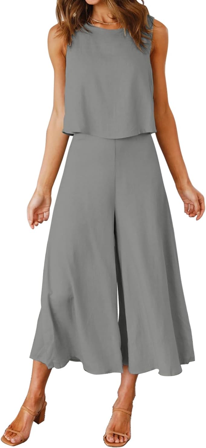 ROYLAMP Women's Summer 2 Piece Outfits Round neck Crop Basic Top Cropped Wide Leg pants Set Jumpsuits
