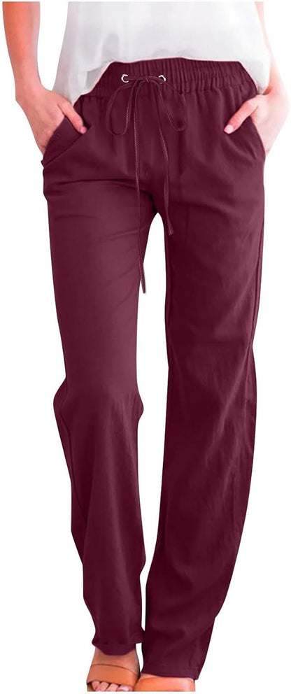 Linen Pants Women Fall Fashion High Waisted Cotton Pants Ladies Casual Plus Size Loose Fit Wide Leg Lounge Trousers